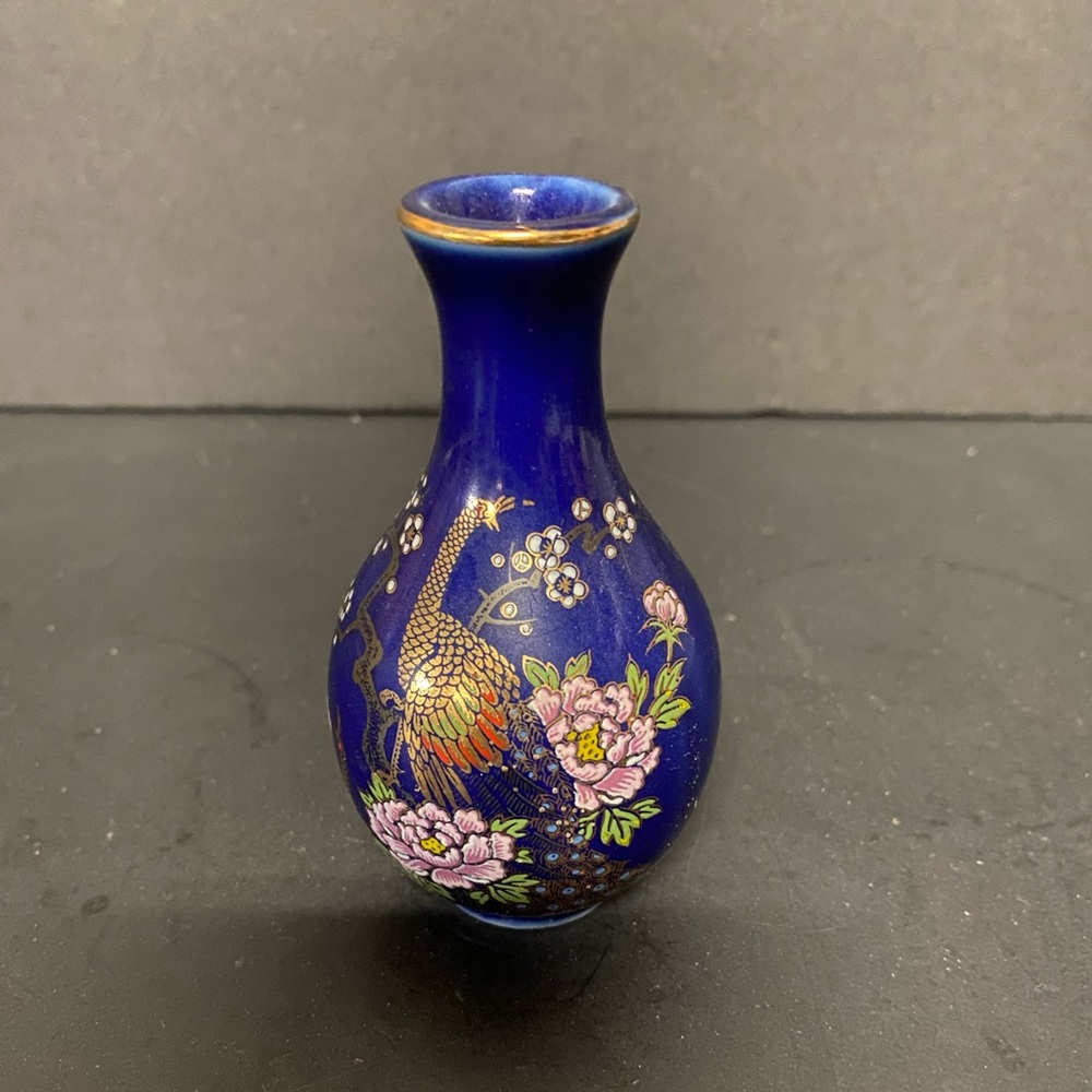 Vintage Japanese Porcelain Vase. Hand Painted, Peacock Floral Motifs Cobalt Blue